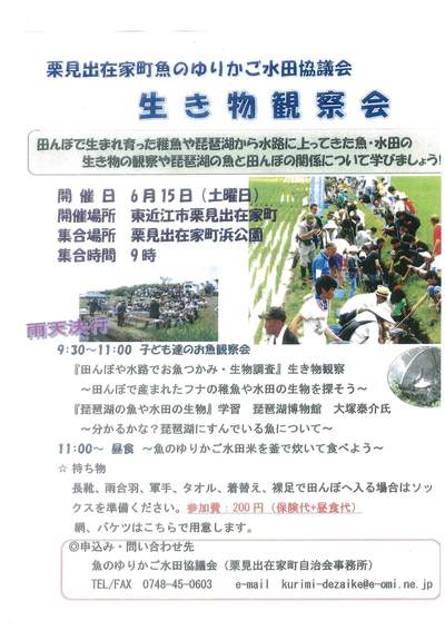 6月15日　栗見出在家町魚のゆりかご水田協議会「生き物観察会」開催！