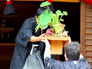 海山畑湖川から、神様に、神饌が奉納されます。 海山畑湖川から、神様に、神饌が奉納されます。
