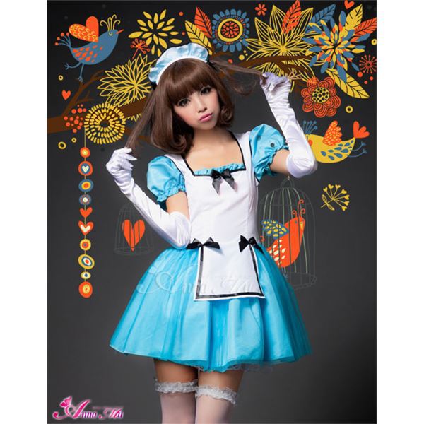 【コスプレ衣装 通販】メイド服 水色ワンピ・白エプロン・カチューシャ清楚 z686