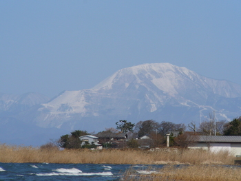 湖岸からの雪山