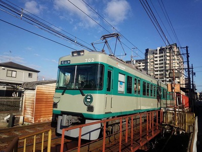 レトロな京阪電車とぷくぷく鳥たち。
