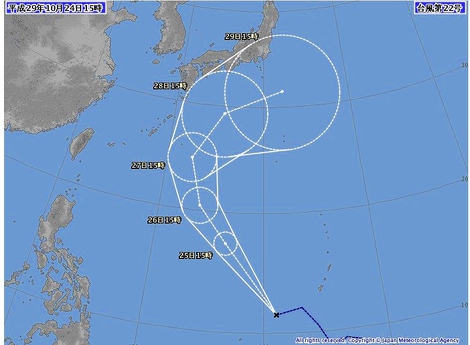 高島市・・大雨警報お昼頃まで・・台風22号進路予想