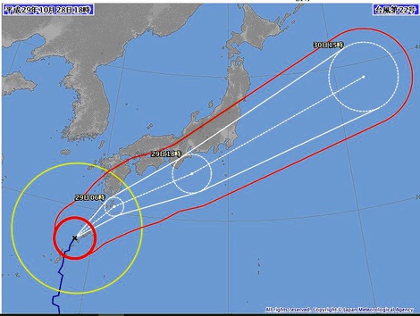台風22号は明日（29日）18時ごろに潮岬にお沖に・・