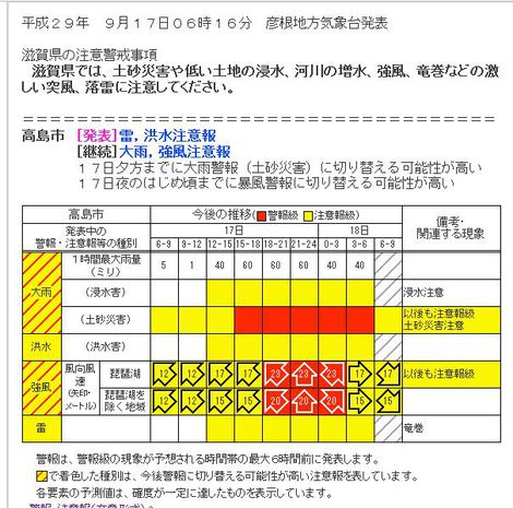 大雨，強風注意報~~高島市9月17日朝