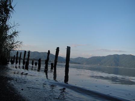 吾亦紅に夕月・・帰り道に琵琶湖・・湖西線車窓から風景。